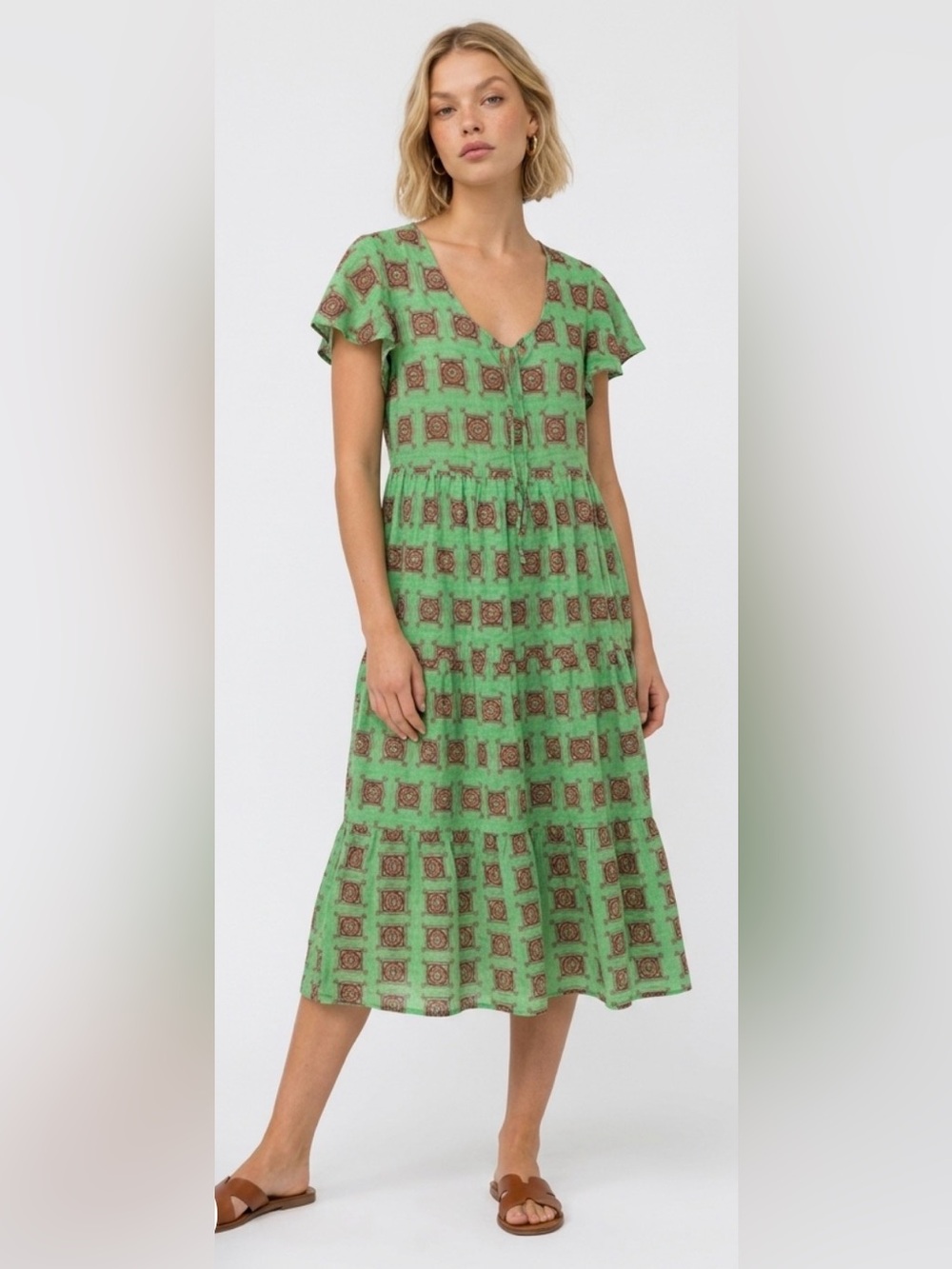 Ashilda Sz M NWT Green Patterned V-Neck Midi Dress